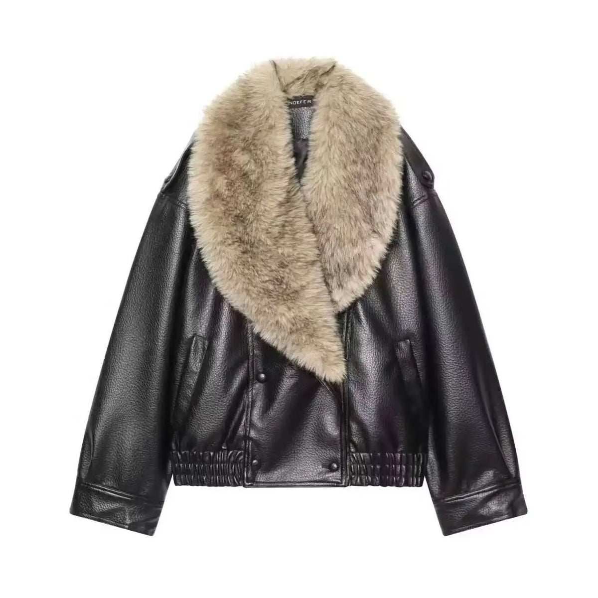 TFMLN 2025 Winter Women Loose Faux Leather Jacket Fashion Removed Big Fur Collar Causal Coat High Street Double Breasted Outwear
