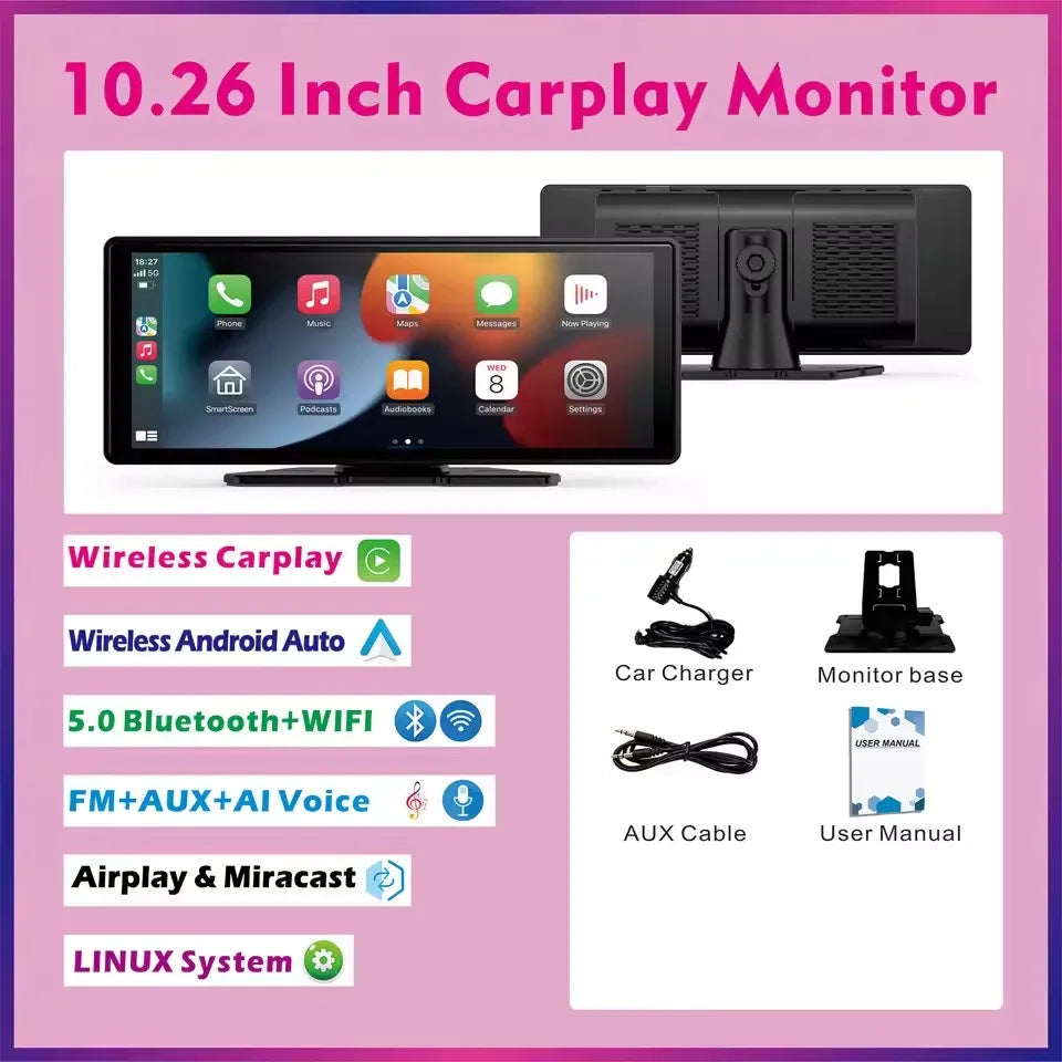 Universal Portable Wireless CarPlay Screen with Android Auto Touchscreen, Rear Camera Options