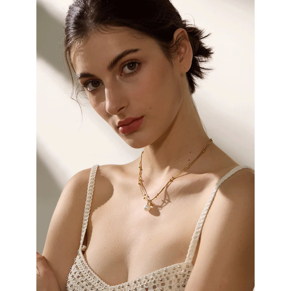 Yhpup Elegant Imitation Pearls Stainless Steel Round Beads Chain Pendant Necklace for Women Gold Silver Color Korean Jewelry