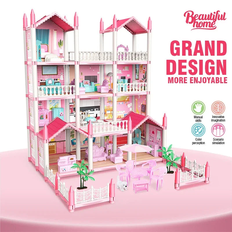 3D DIY Dream Princess Castle Villa Assembly Doll House Set Toy Girl Family Toy Children's Music Doll House Assembly Villa House