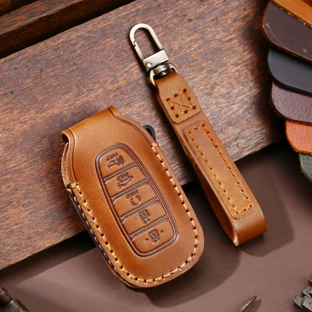 Leather car key fob cover case for Hyundai i30 Kona Elantra Santa Fe, black/blue/brown
