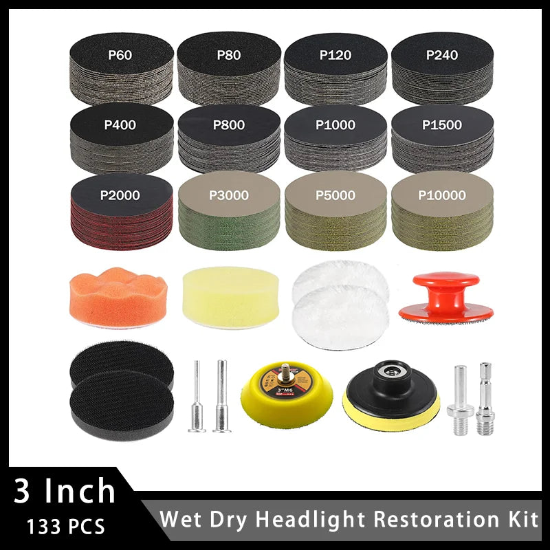 3 Inch Wet Dry Headlight Restoration Kit 133 Pcs Hook and Loop Sandpaper for Polishing and Sanding Wood Stone Lacquer Surface