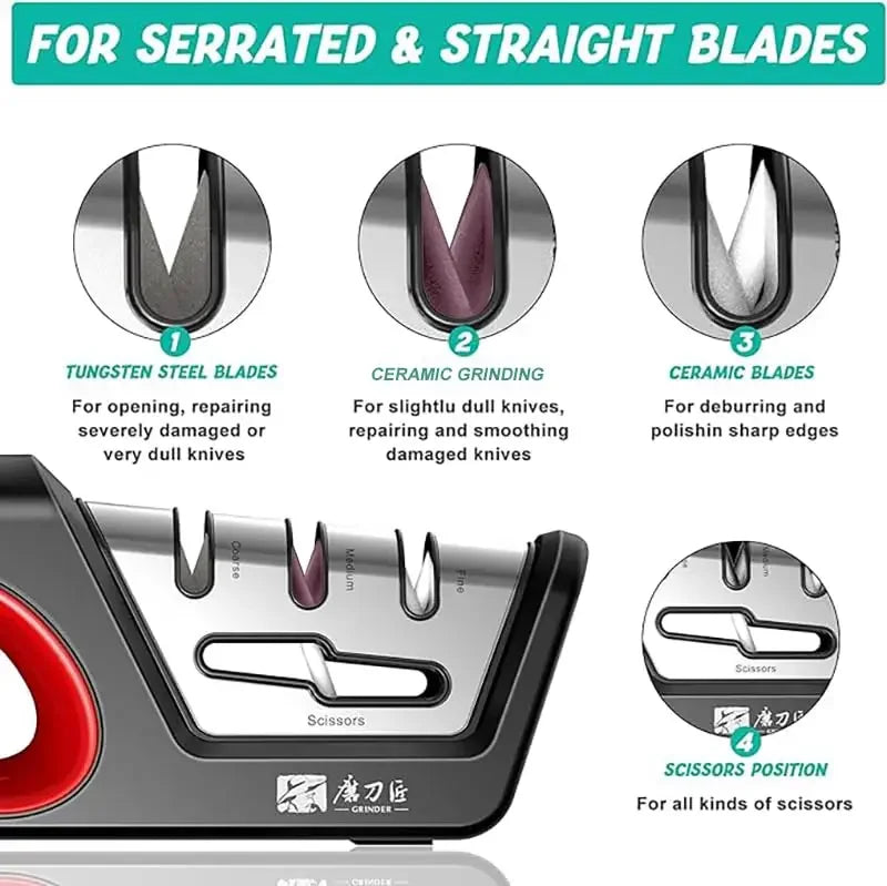 Four in one kitchen sharpener restores serrated blade knives and scissors, diamond tungsten steel ceramics kitchen tools