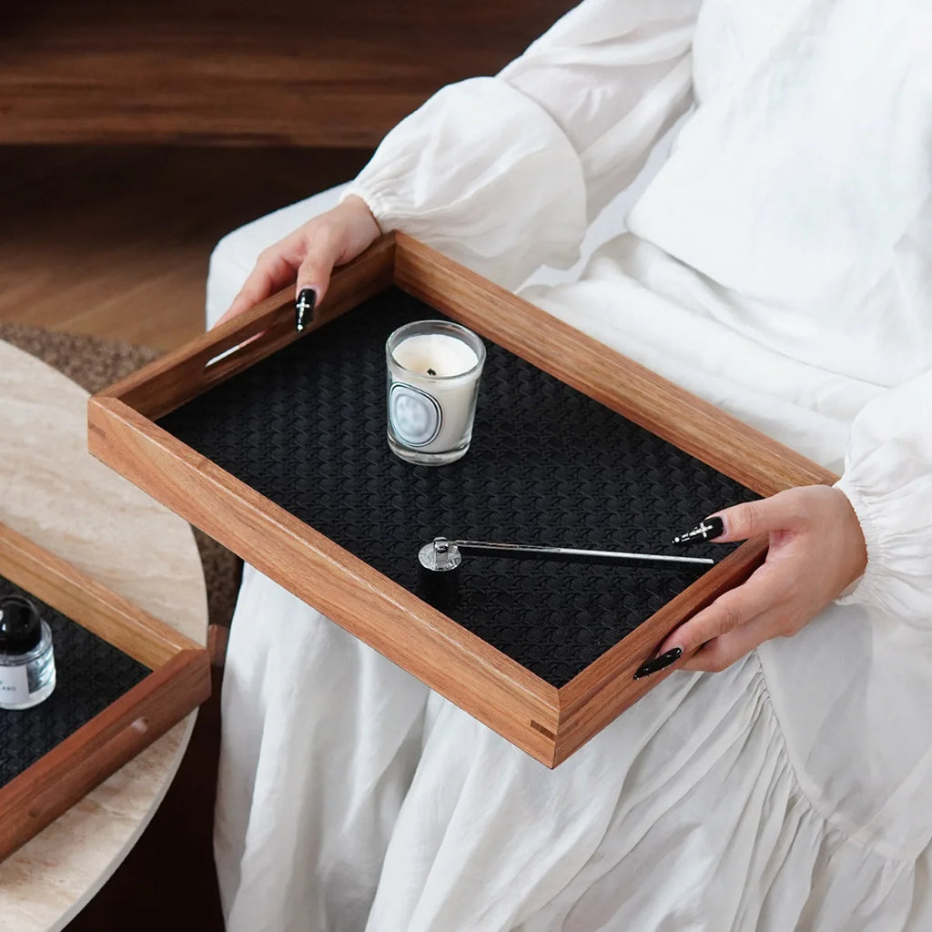 1Pc Bamboo Woven Pattern Leather Tray, Acacia Wood Tray, Dressing Table Decorative Tray, Aromatherapy Ring Jewelry Tray, Suitable for Home Decoration, Living Room Storage Tray, Gift Giving, Photography Props