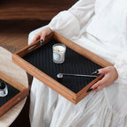 1Pc Bamboo Woven Pattern Leather Tray, Acacia Wood Tray, Dressing Table Decorative Tray, Aromatherapy Ring Jewelry Tray, Suitable for Home Decoration, Living Room Storage Tray, Gift Giving, Photography Props