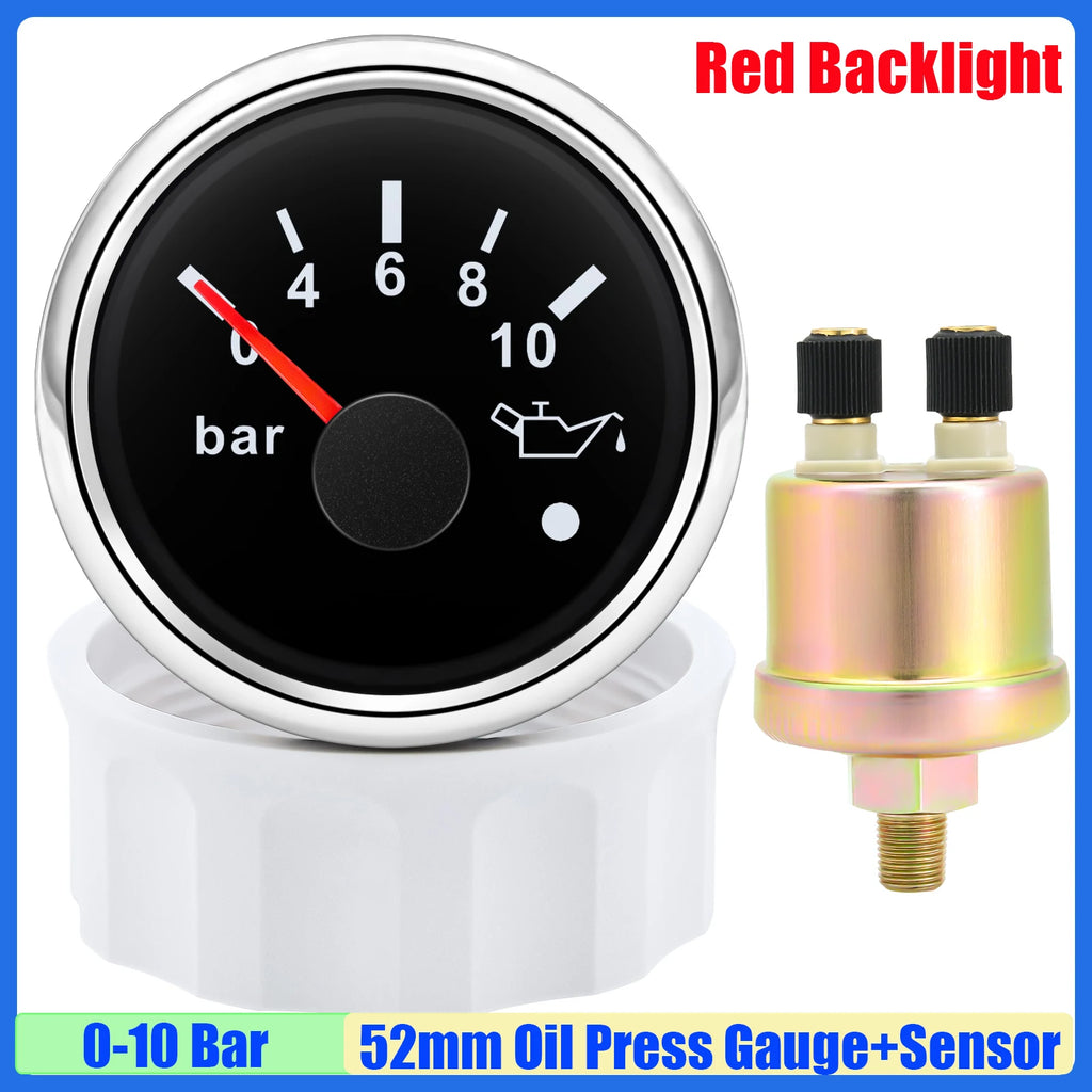 52mm Oil Pressure Gauge with Alarm Red LED 0-5 Bar 0-10Bar Oil Press Meter+Sensor 1/8NPT for Auto Car Marine Yacht 12V24V Custom
