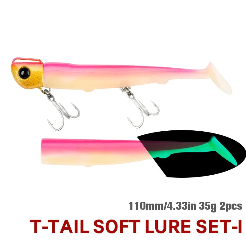 TSURINOYA  9PCS 110mm 35g Long Casting Jig Head T Tail Soft Lure Set Flounder Seabass Fishing Lure Sinking Large Baits