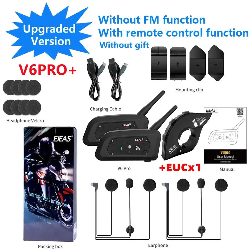 EJEAS V6 PRO + Bluetooth Motorcycle Helmet Intercom Headset with 800M BT Interphone Communicator for 6 Riders Waterproof MP3