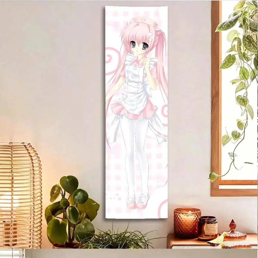 Kawaii Pink Nurse Anime Girl Vertical Tapestry, Long Wall Scroll, Cute Pastel Wall Hanging for Bedroom, Otaku Room Decor & Anime