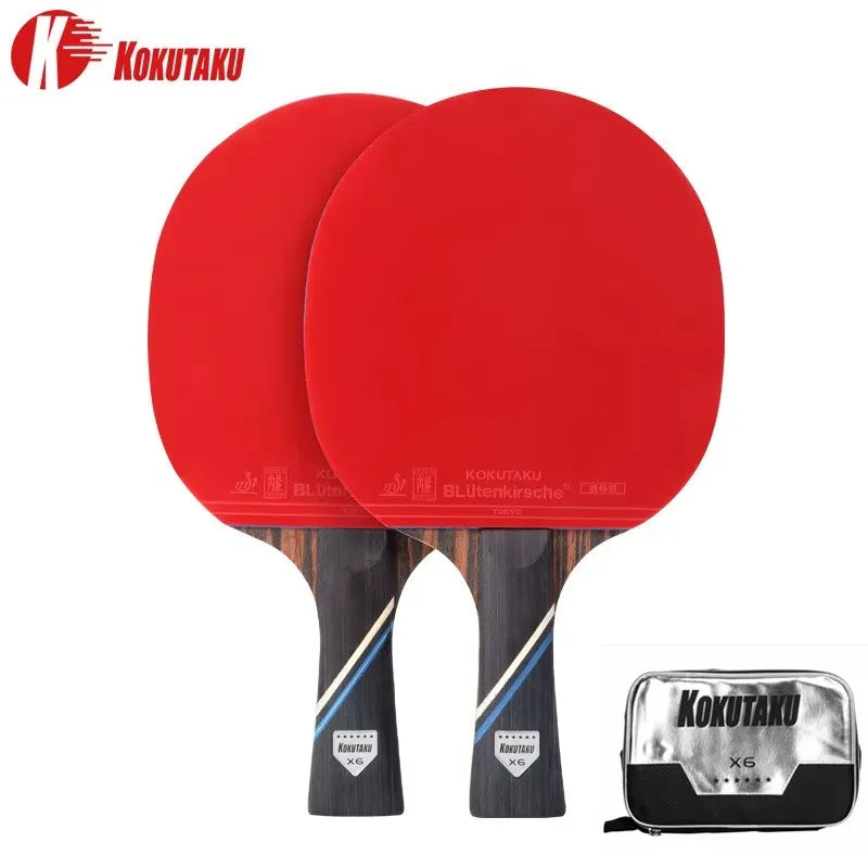 KOKUTAKU 2 Pcs 6 Star Ping Pong Paddle Set X6 Ebony Surface Carbon Table Tennis Racket with Bag for Adults