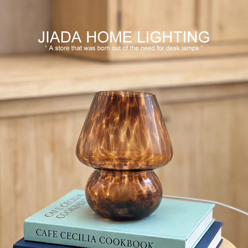 Glass Mushroom Table Lamp, Coffee Color Lampshade, Bedside Bedroom Decor Light