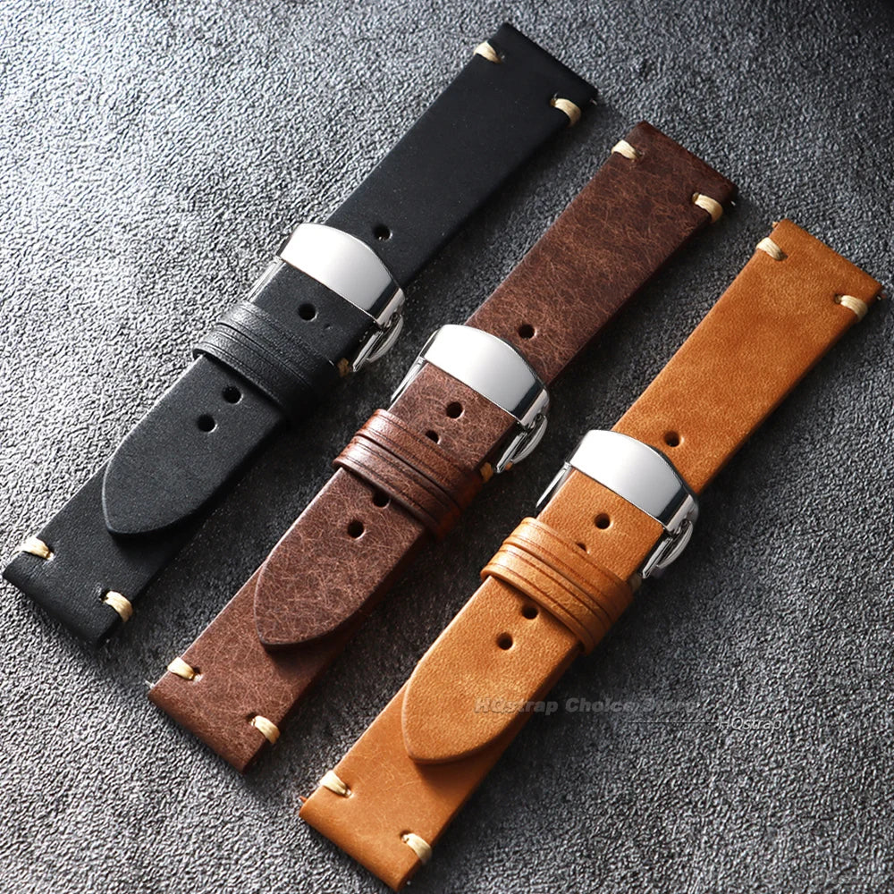 Stitching Leather Butterfly Buckle Watch Band 20mm 22mm Cowhide Strap for Rolex Bracelet for Seiko Women Men Vintage Wristband