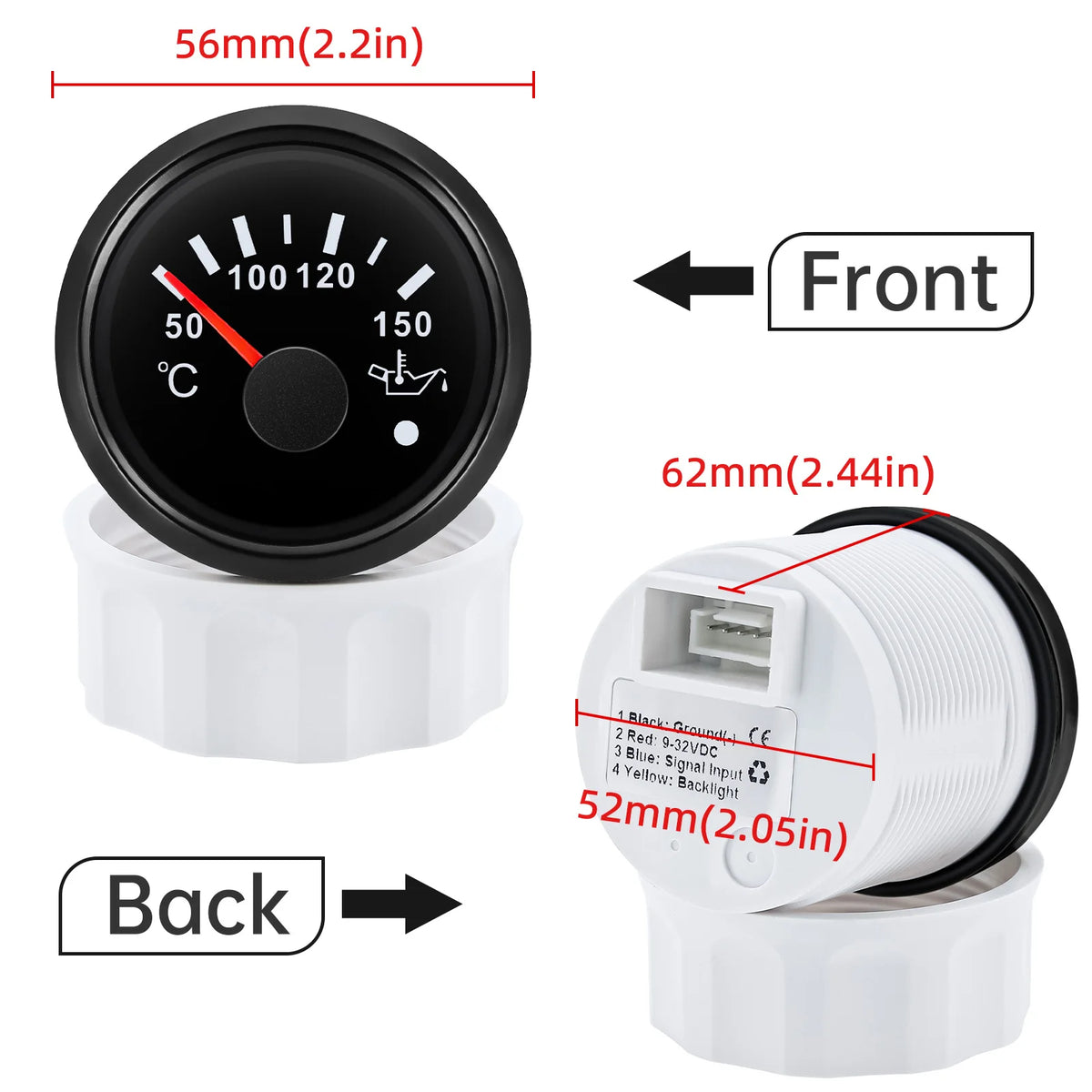 Auto Car Boat 2" 52mm Oil Temperature Gauge with Warning Red Light 50~150℃ Oil Temp Meter+Sensor 1/8NPT M14X1.5 DC12V 24V Custom