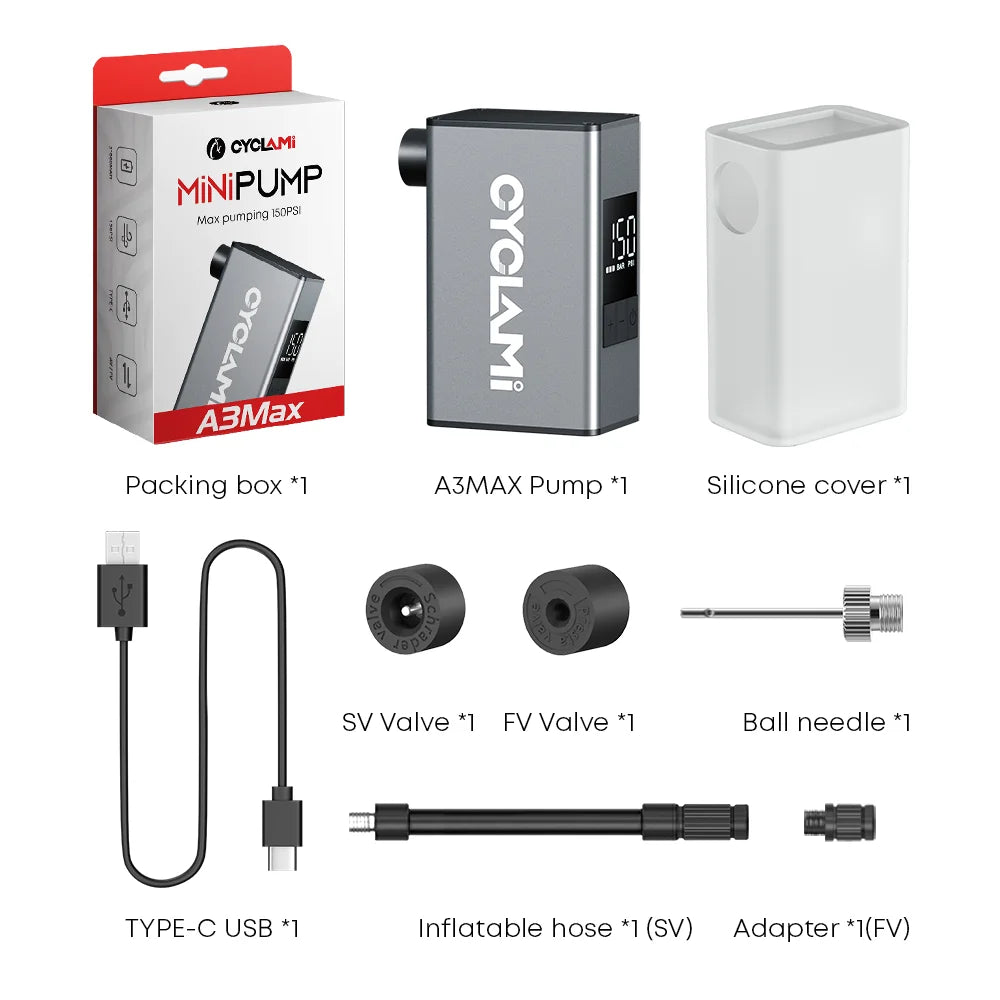 Aluminum Alloy 150 PSI Electric Pump Portable Bike Air Rechargeable Tire Inflator Schrader Presta Valve Silver CYCLAMI A3 MAX