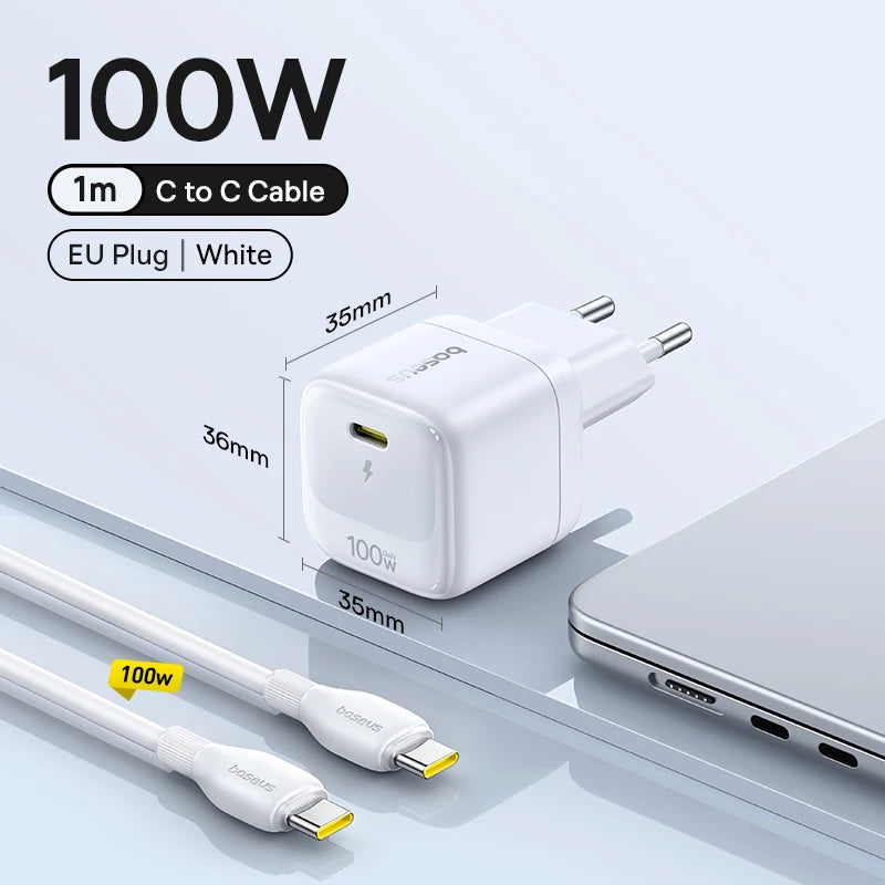Baseus 100W GaN USB-C Fast Charger with Cable, EU Plug, Black/White 1m or 2m
