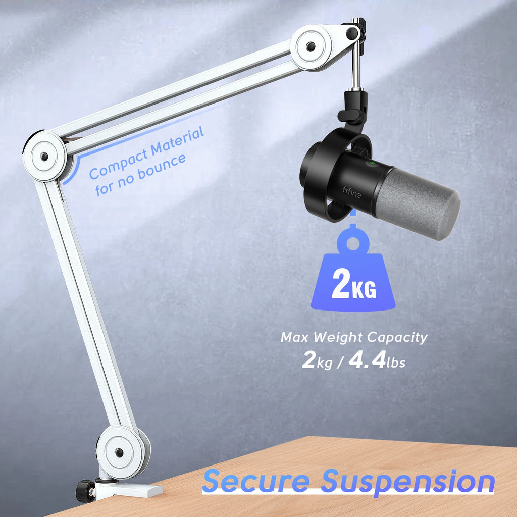 FIFINE Microphone Arm Boom,Adjustable Heavy Suspension Boom with Desk Clamp for K658/A2/Gaming,Streaming,Podcasting-BM63W-White