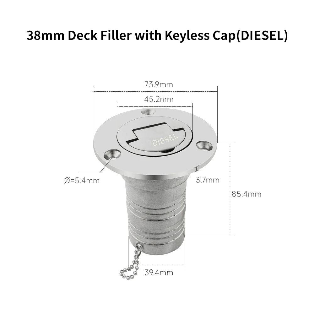 38/50mm 316 Stainless Steel Boat Deck Filler with Keyless Cap GAS DIESEL FUEL WASTE WATER Mirror Polish Marine Deck Filler Cap