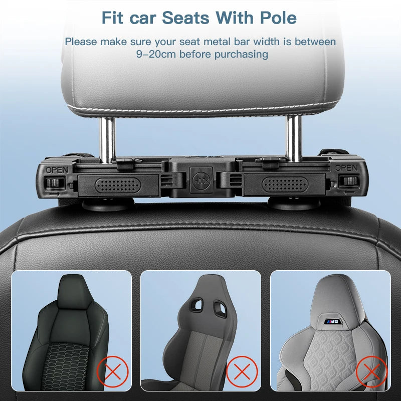 Car Headrest Neck Support Pillow with Hidden Hanger, 180° Rotating, Black Cloth/Leather
