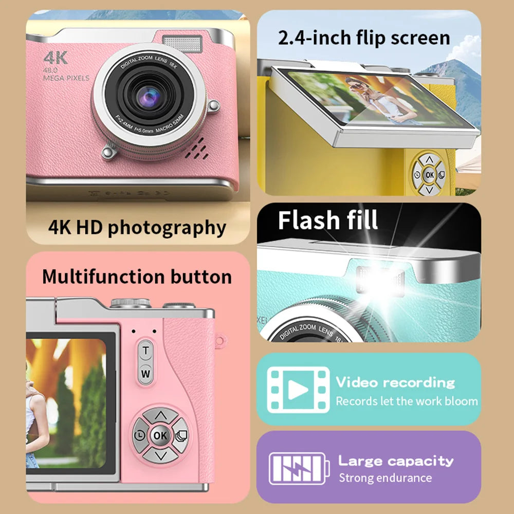 4K Digital Camera Beauty Filters 48MP HD Student CCD Camera CMOS Anti Shake 180° Flip Screen Selfie Camera for Kids Adults Gift