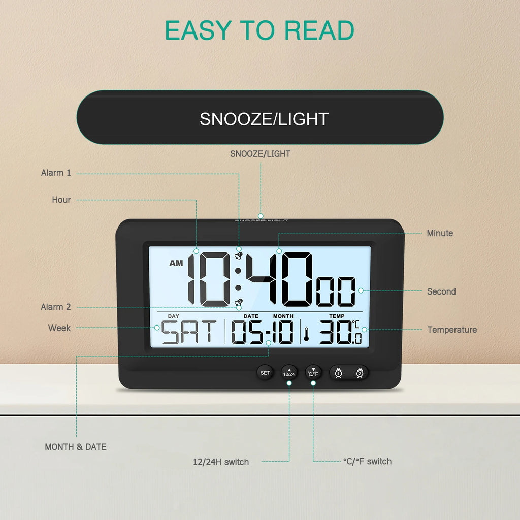 ORIA Digital Alarm Clock LCD Display Travel Alarm Clock Small Digital Clock With Calendar Temperature Battery Operated Clocks