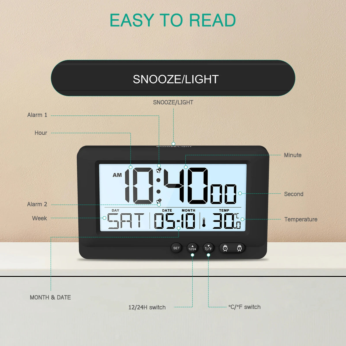 ORIA Digital Alarm Clock LCD Display Travel Alarm Clock Small Digital Clock With Calendar Temperature Battery Operated Clocks