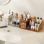 Makeup Organizer with Transparent Drawer, Large Capacity Cosmetic Storage Box - Brown/Cream