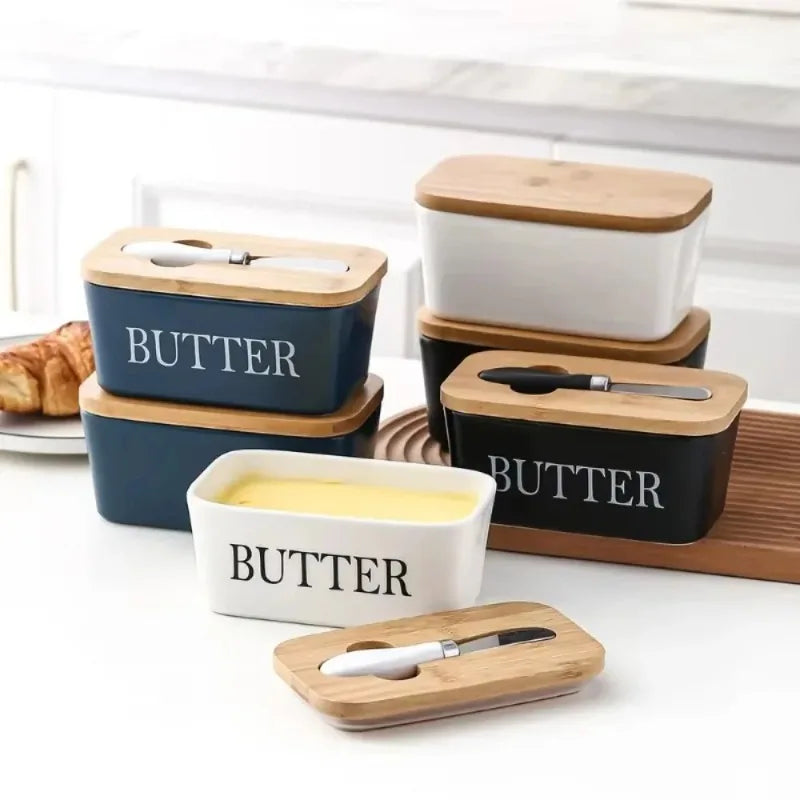 1pc Ceramic Butter Cheese Container Box Household Kitchen Restaurant Butter Storage Box with Knife Bamboo Wood Lid Butter Box