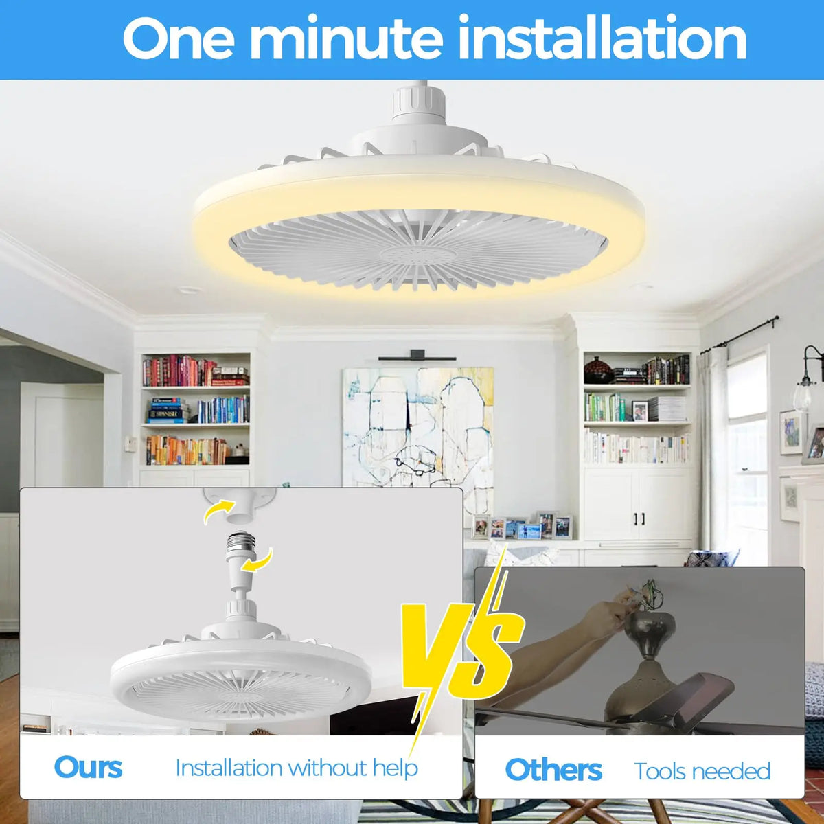 IRALAN Socket Ceiling Fan With Light E27 3 Fan Speeds Dimmable 3 Light Colors Easy To install For Bedroom Kitchen And Balcony