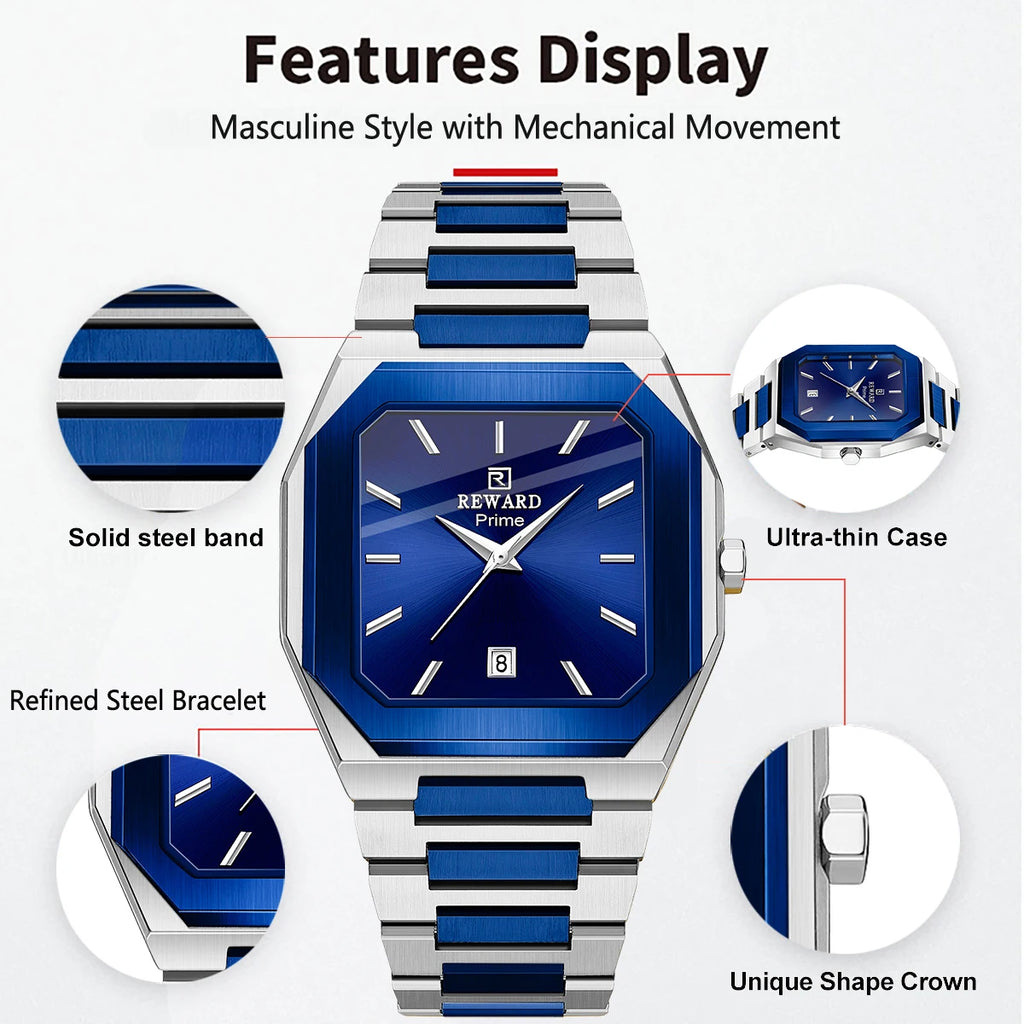 REWARD Men's Square Stainless Steel Quartz Business Watch, Royal Blue Dial with Date Calendar, 30m Waterproof Dress Wristwatch