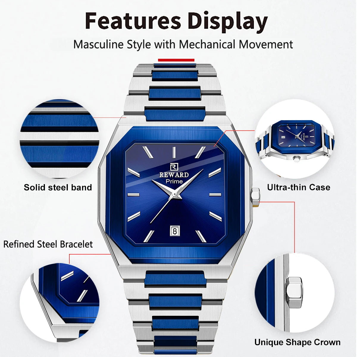 REWARD Men's Square Stainless Steel Quartz Business Watch, Royal Blue Dial with Date Calendar, 30m Waterproof Dress Wristwatch
