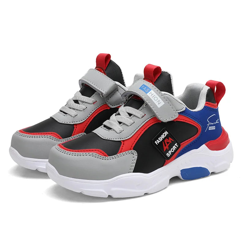 Autumn and Winter Children's Shoes, Boys' Sports Shoes, Leather Surface, Breathable, Non-Slip, Versatile Sports Shoes for Middle-Aged and Older Children, Elementary School Students