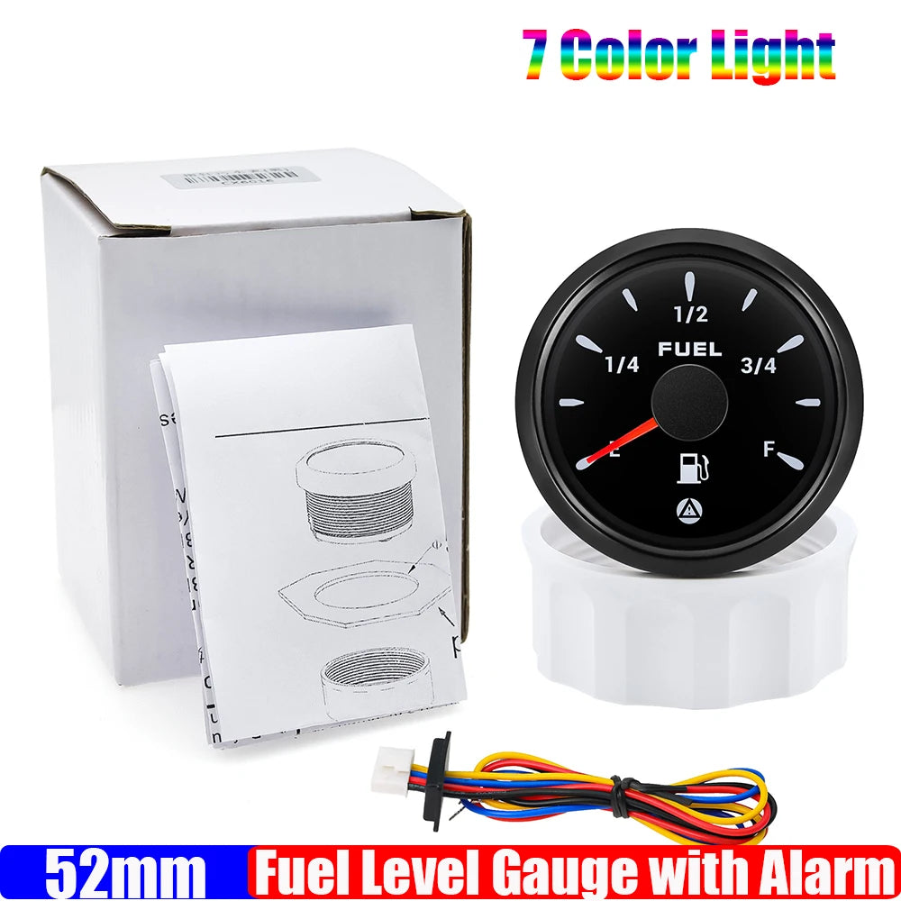 2"52mm Fuel Level Gauge with Flashing Alarm 0-190ohm 240-33ohm 10-180ohm 0-90ohm Oil Tank Meter 7 Color Backlight for Car Boat