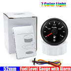 2"52mm Fuel Level Gauge with Flashing Alarm 0-190ohm 240-33ohm 10-180ohm 0-90ohm Oil Tank Meter 7 Color Backlight for Car Boat