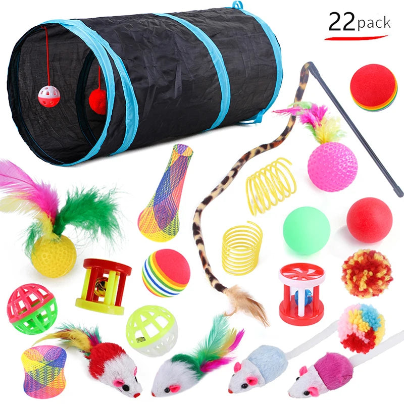 Cat Toy Variety Pack Set with Wand, Sisal Mouse, Bell Balls - 15pcs/20pcs/22pcs