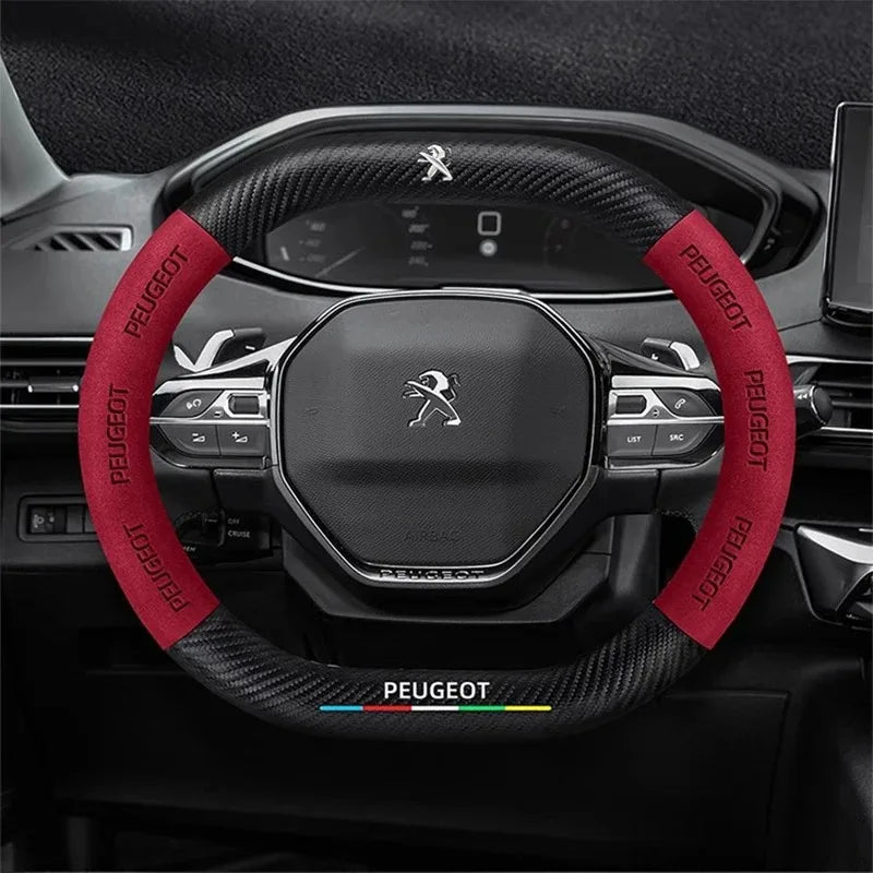 Steering Wheel Cover Leather Carbon Fiber Look Non-Slip for Peugeot 208-508, Carbon Black/Red/Orange