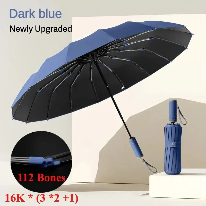 Automatic Open Close Compact Folding Umbrella, 112 Rib Windproof UV50+ Sun Rain - Black