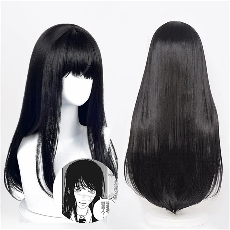 Cosplay wig hat long straight synthetic high temp fiber, breathable cap, natural black
