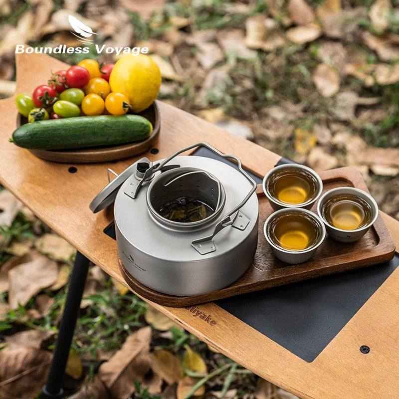 Boundless Voyage Camping Titanium Teapot with Folding Handle Single-layer Kettle Durable Bushcraft Gear Open Fire Kettle Ti3104D