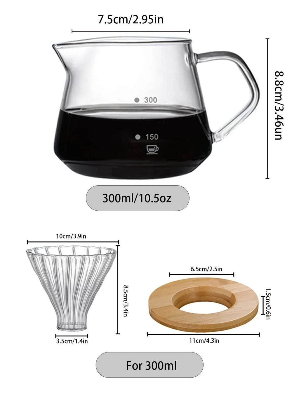Punana 600ml Pour Over Coffee Maker Set Glass Carafe Coffee with Glass Coffee Filter Drip Coffee Maker Set for Home or Office