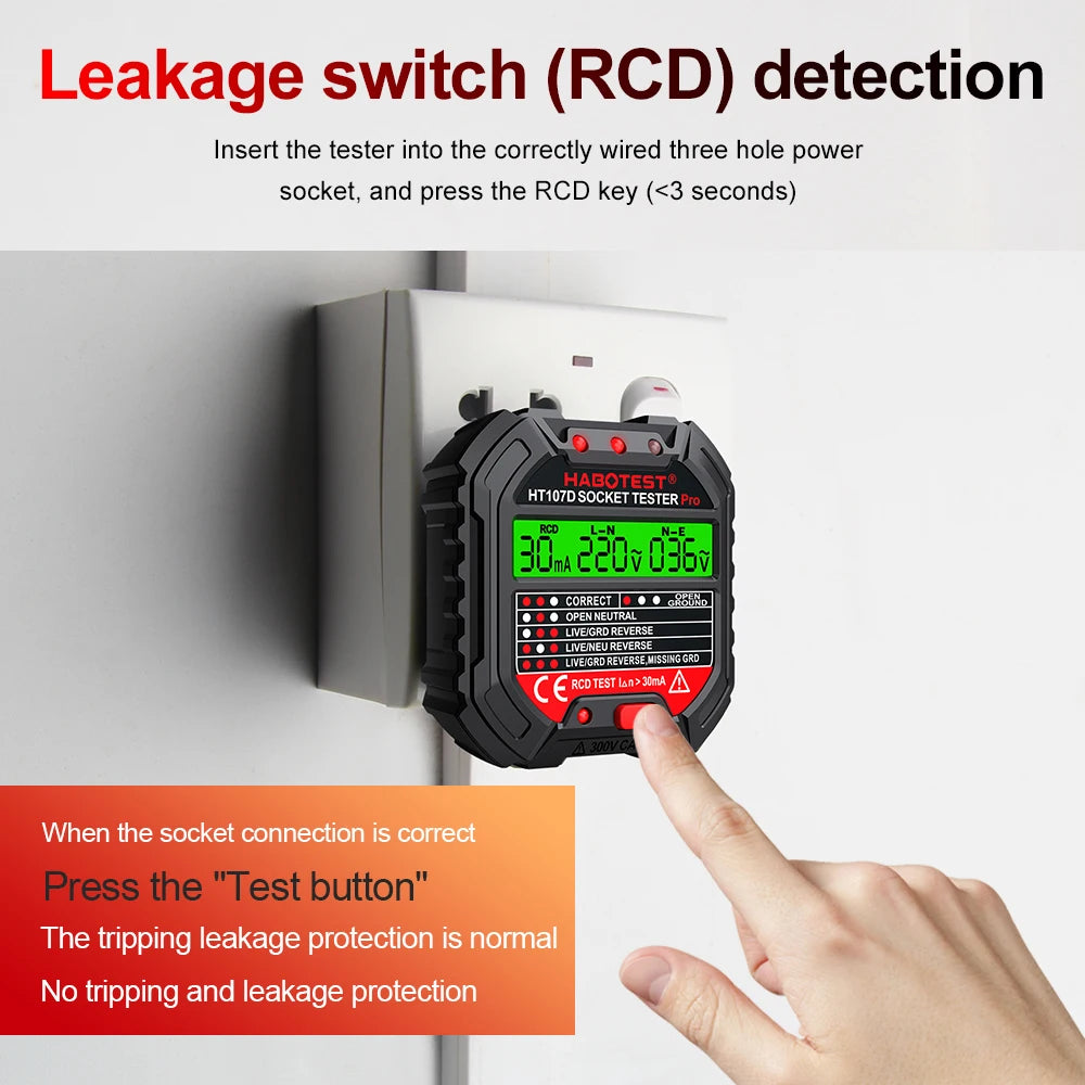 HT106 HT107 Socket Tester Pro Voltage Test Digital Outlet Socket Detect US/UK/EU Plug Ground Zero Line Plug Polarity Phase Check