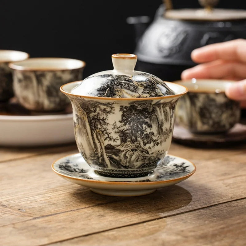 160ML Ru Kiln Landscape Porcelain Gaiwan Set For Tea Tureen Teaware Cup Chinese Yellow Ceramic Opening Tea Bowls Tea Ceremony