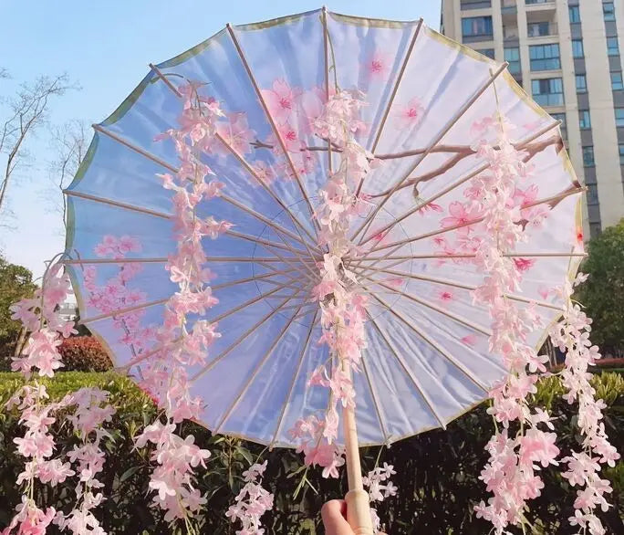82CM 32'' Skyblue Hanfu Parasol Flowers Waterproof Car Umbrella Dance Cosplay Japan Sakura Spring OilPaper Cosplay El Principito