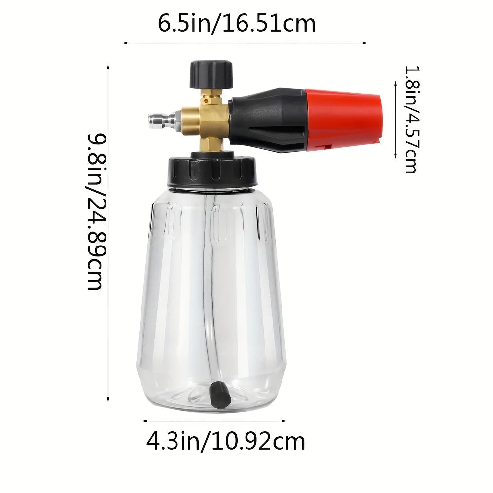 Heavy Duty Adjustable Foam Cannon 1L Wide Mouth Bottle Thick Foam Spray 1/4" Quick Connect  High Pressure Washer Tool