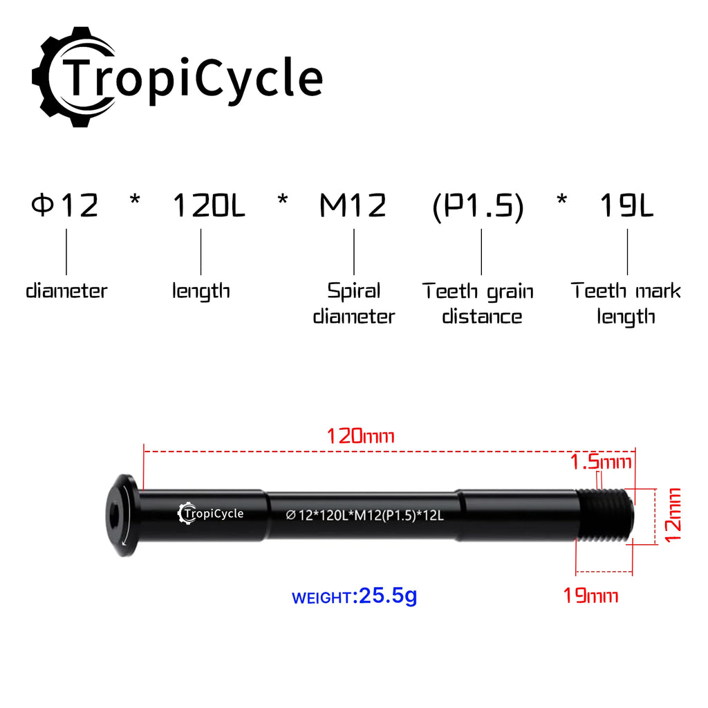 Tropicycle MTB Road Bike Thru Axle Front Fork Shaft Skewers M12x1.0 M12x1.5 12x142/162/174 12x100/110mm Aluminum alloy Bike Axle
