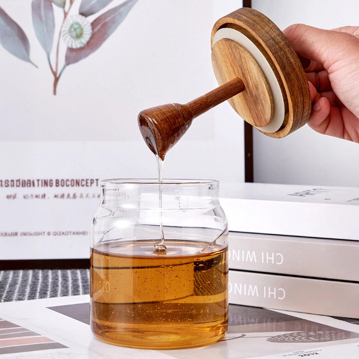 1/3/5PCS Glass Sealed Tank Honey Jar With Wooden Lid Mixing Rod Wood Dip Sticks Transparent Home Sealed Jar Kitchen Storage