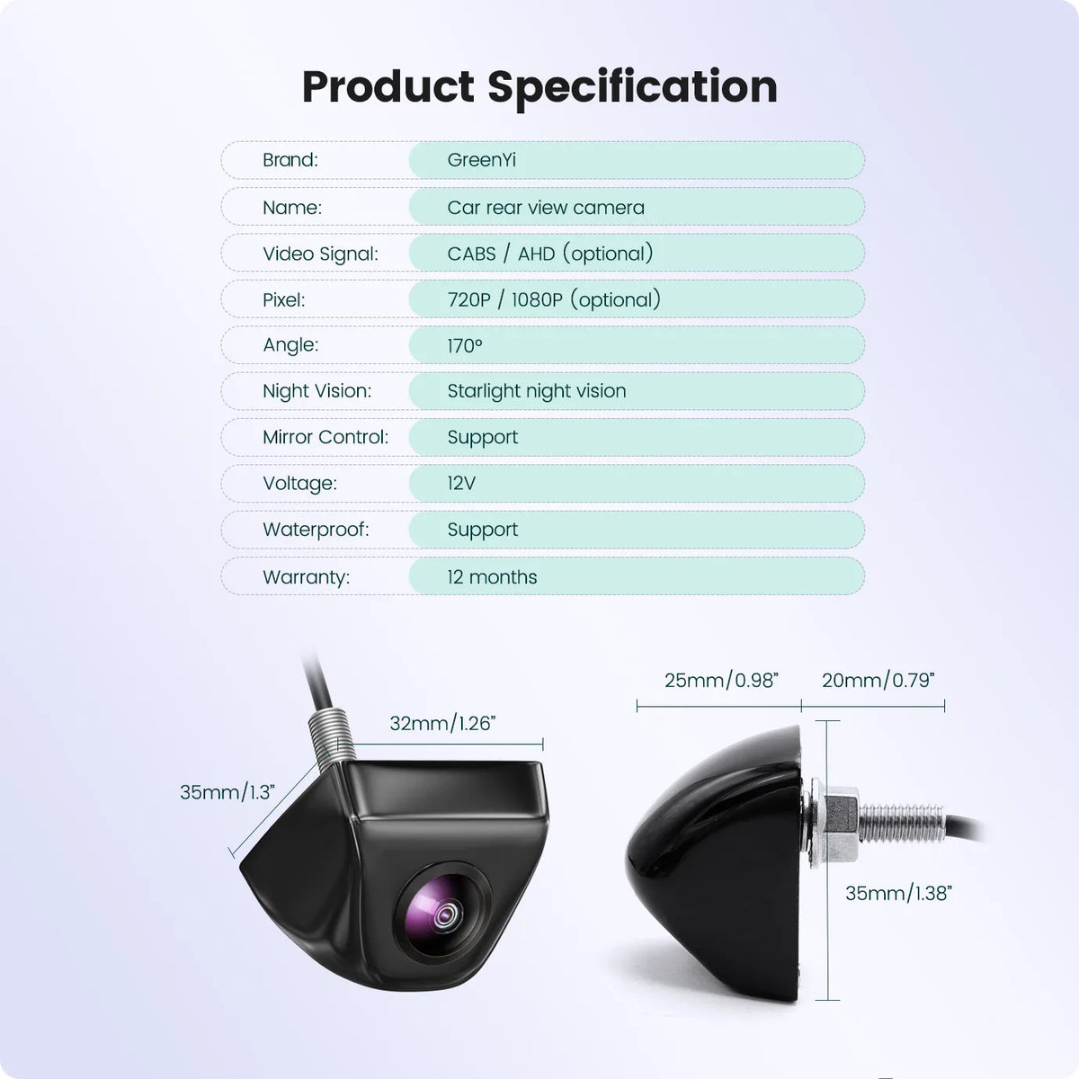 GreenYi AHD 1920x1080P Car Rear View Camera Full HD Night Vision 170° Fisheye Lens Vehicle Reversing Front Cam C818
