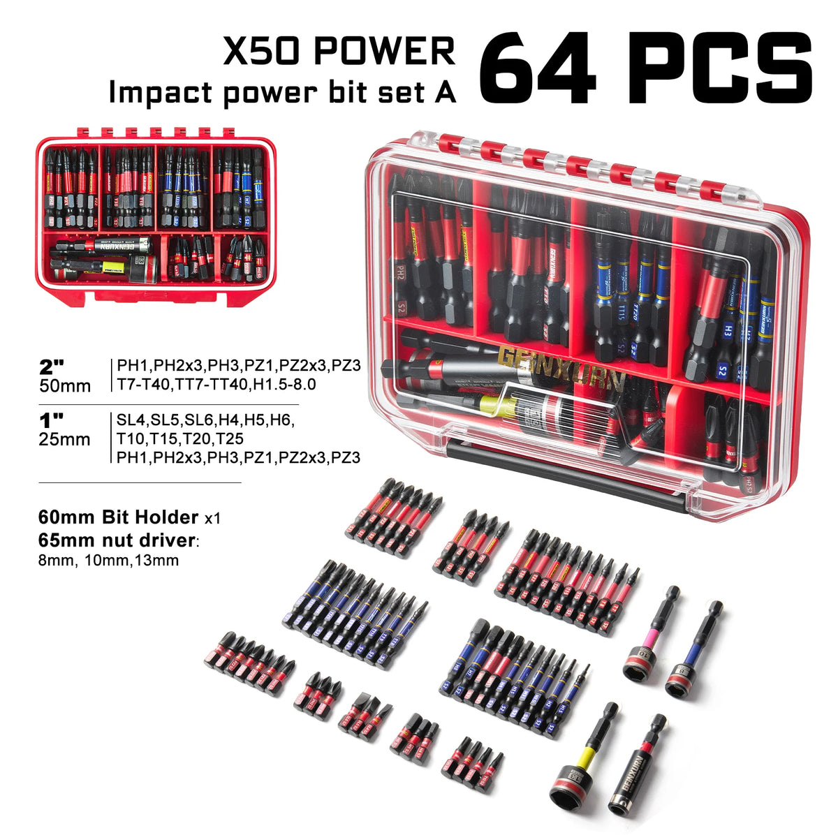 Geinxurn Impact Screwdriver Bits Set,Case Storage Magnetic S2 Steel Multi Insert Power Bits Tips with Bit Holder and Nut Driver