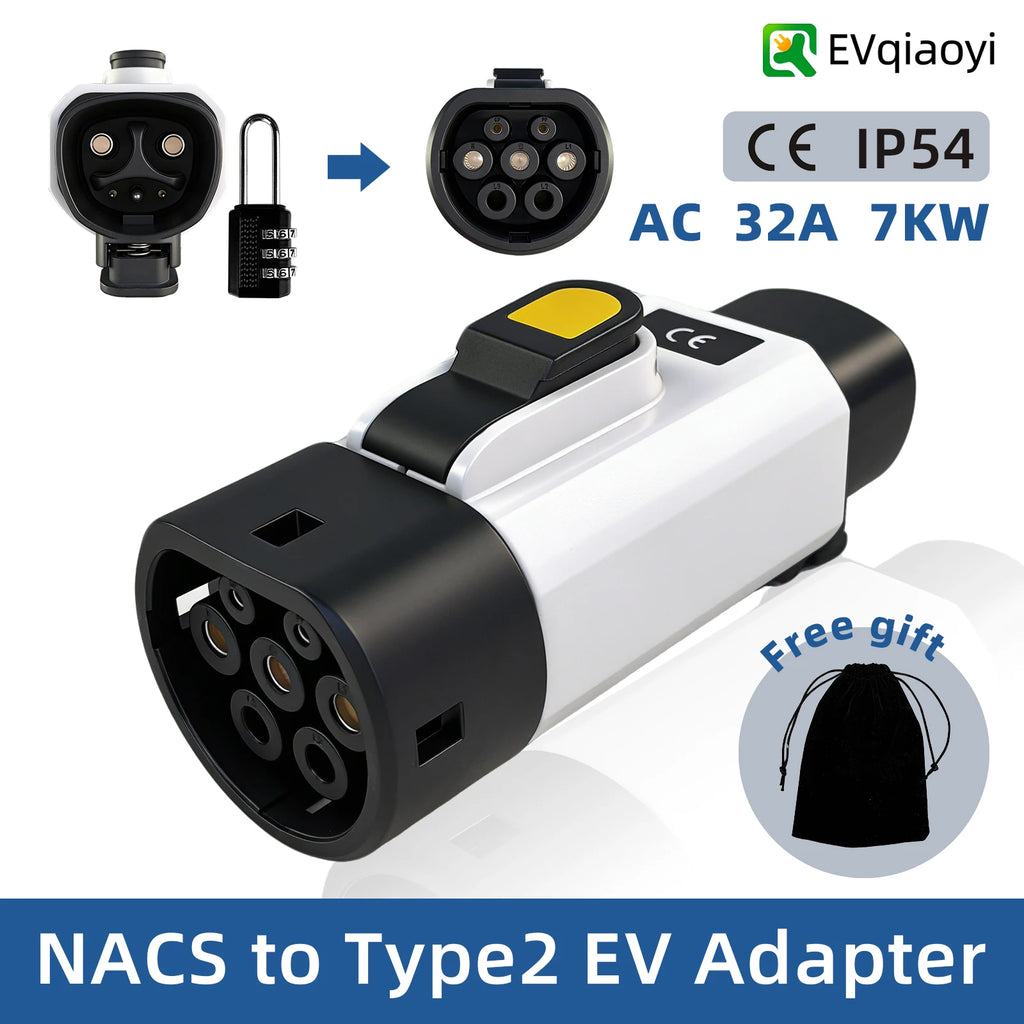 EVqiaoyi NACS to Type2 EV Adapter 32A 7KW from Tesla Pile to Type2 EV Charging Converter for EU Standard Cars