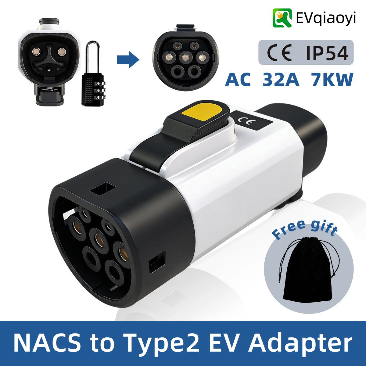 EVqiaoyi NACS to Type2 EV Adapter 32A 7KW from Tesla Pile to Type2 EV Charging Converter for EU Standard Cars