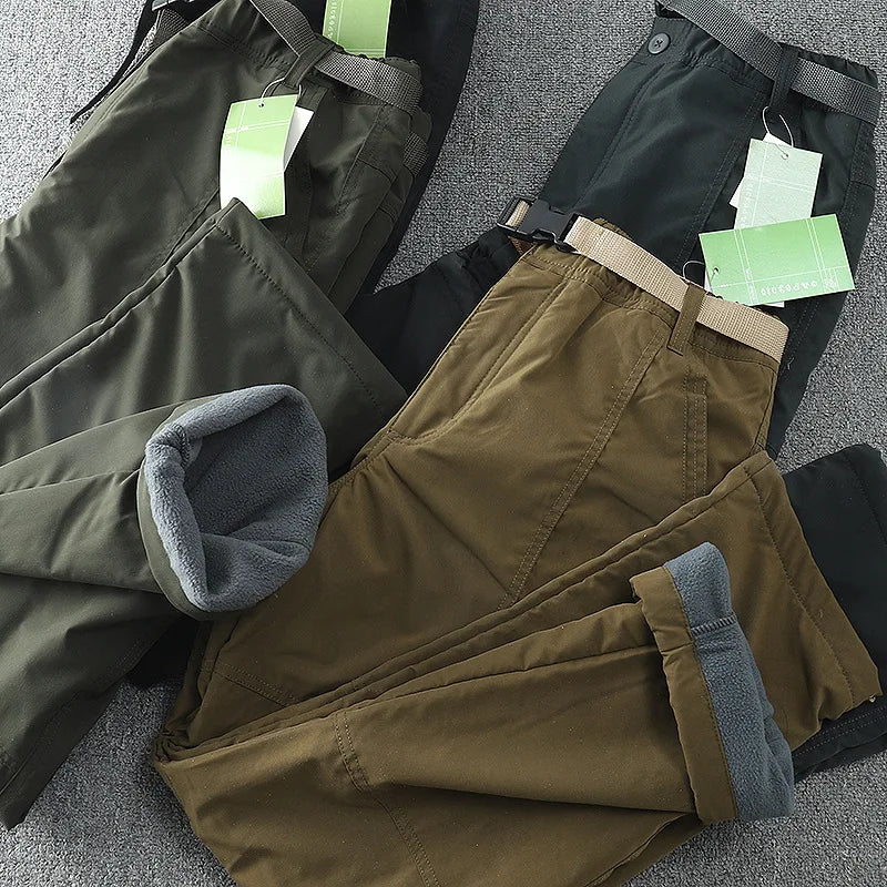 Waterproof Windproof Fleece-Lined Outdoor Pants Men's Straight-Leg Casual Trousers With Multiple Pockets For Winter